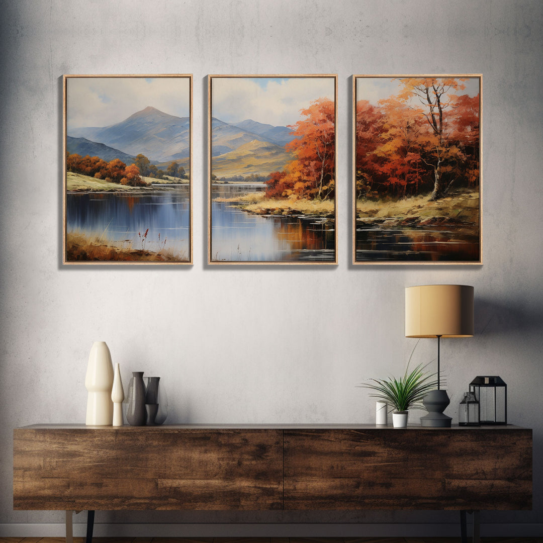 Fall Centerpiece Decor, Framed Canvas Prints, Autumn Landscape Paintings, 3 Piece Art, Triptych