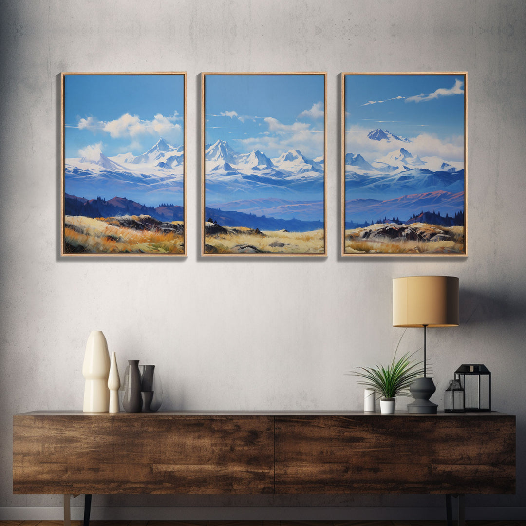 Framed Rocky Mountains 3 Piece Canvas Prints, Rockies Painting, Mountain Landscape Oil Painting, Large Wall Art, Centerpiece Art