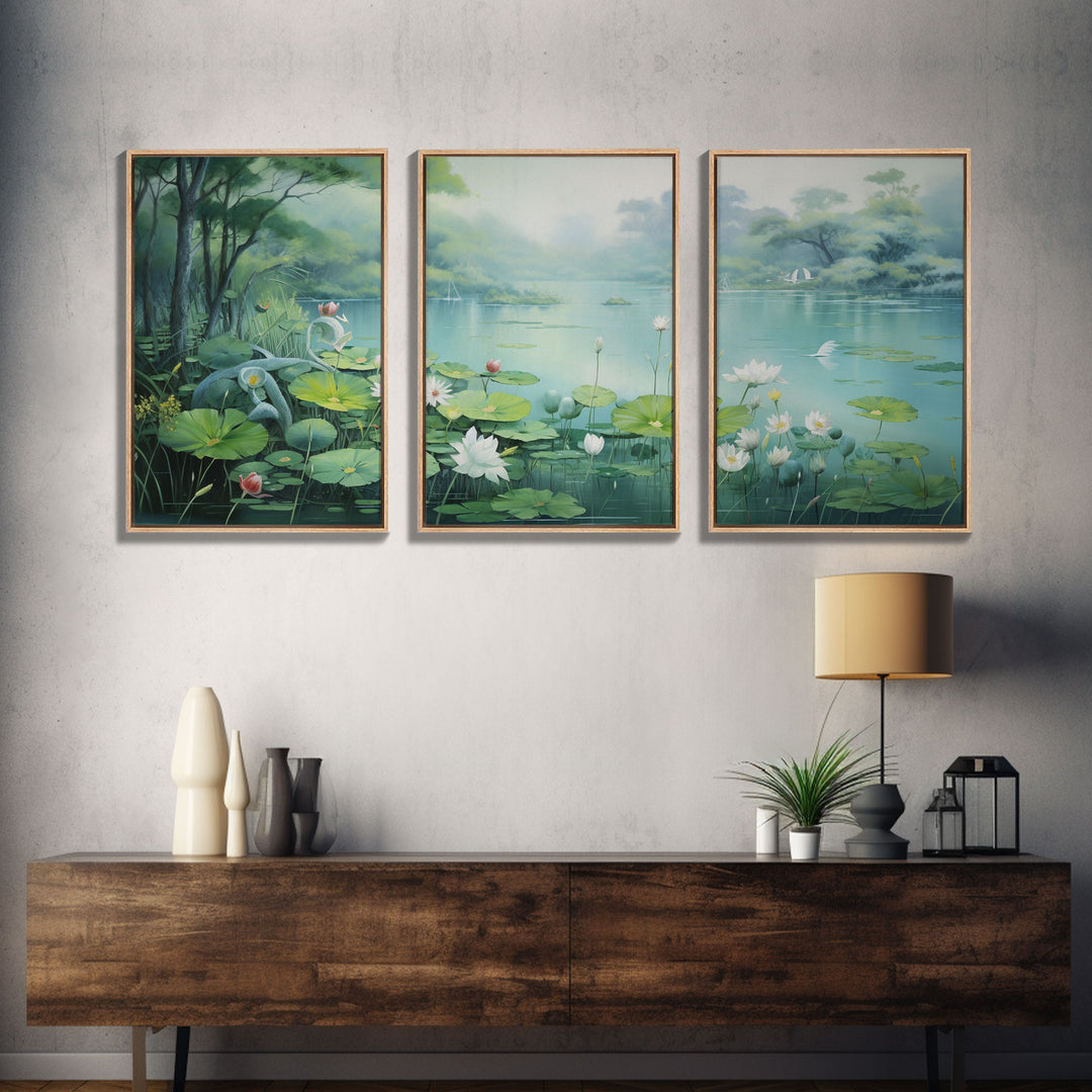 The Lilly Pads, Framed Canvas Prints, 3 Piece Art, Beautiful Pond Painting, Centerpiece Art, Nature / Landscape Painting