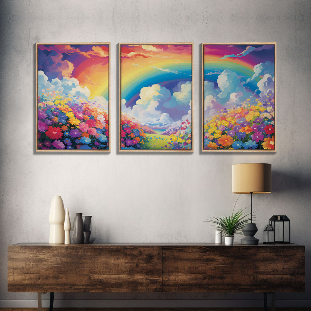 Rainbow Wall Art, Floral Print, Meadow Art , Canvas Print, Set Of 3 Prints, Wall Art, 3 Piece Wall Art, Nursery Print, Kids Wall Art