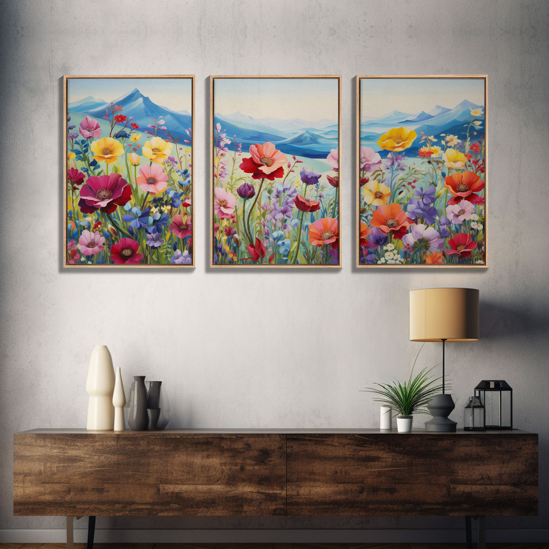 Wildflower Meadow, Wildflower Wall Art, Floral Print, Canvas Print, Set Of 3 Prints, Wall Art, 3 Piece Wall Art, Country Home Decor