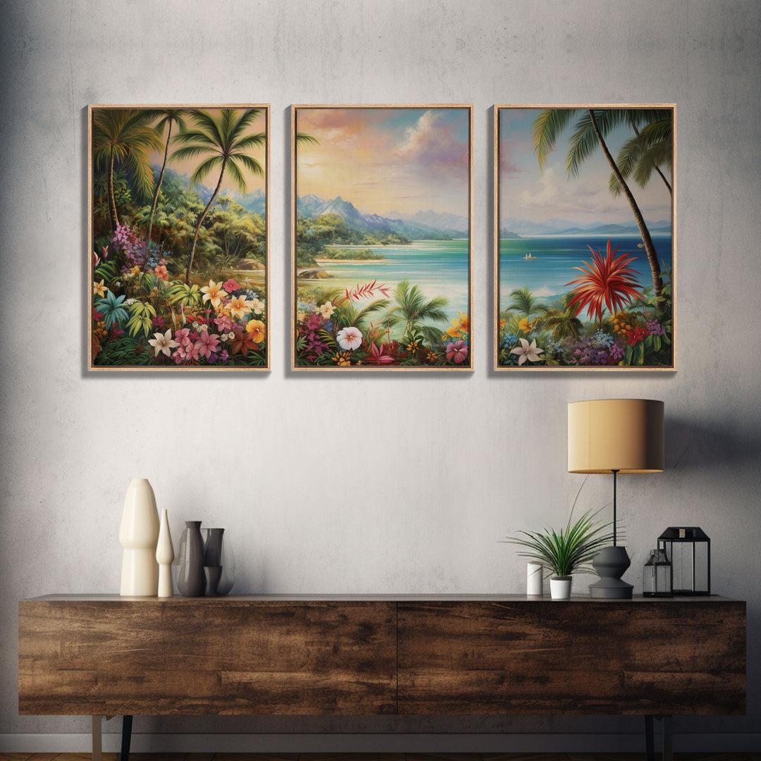 Tropical Wall Art, Beach Print, Palm Tree Wall Art, Canvas Print, Set Of 3 Prints, Wall Art, 3 Piece Wall Art, Seascape, Hawaii Wall Art