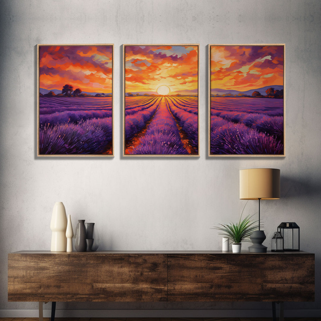 Purple Lavender Fields, 3 Piece Wall Art, Framed Canvas Print, Beautiful Original Landscape Painting, Sunset Painting, Farmhouse Decor