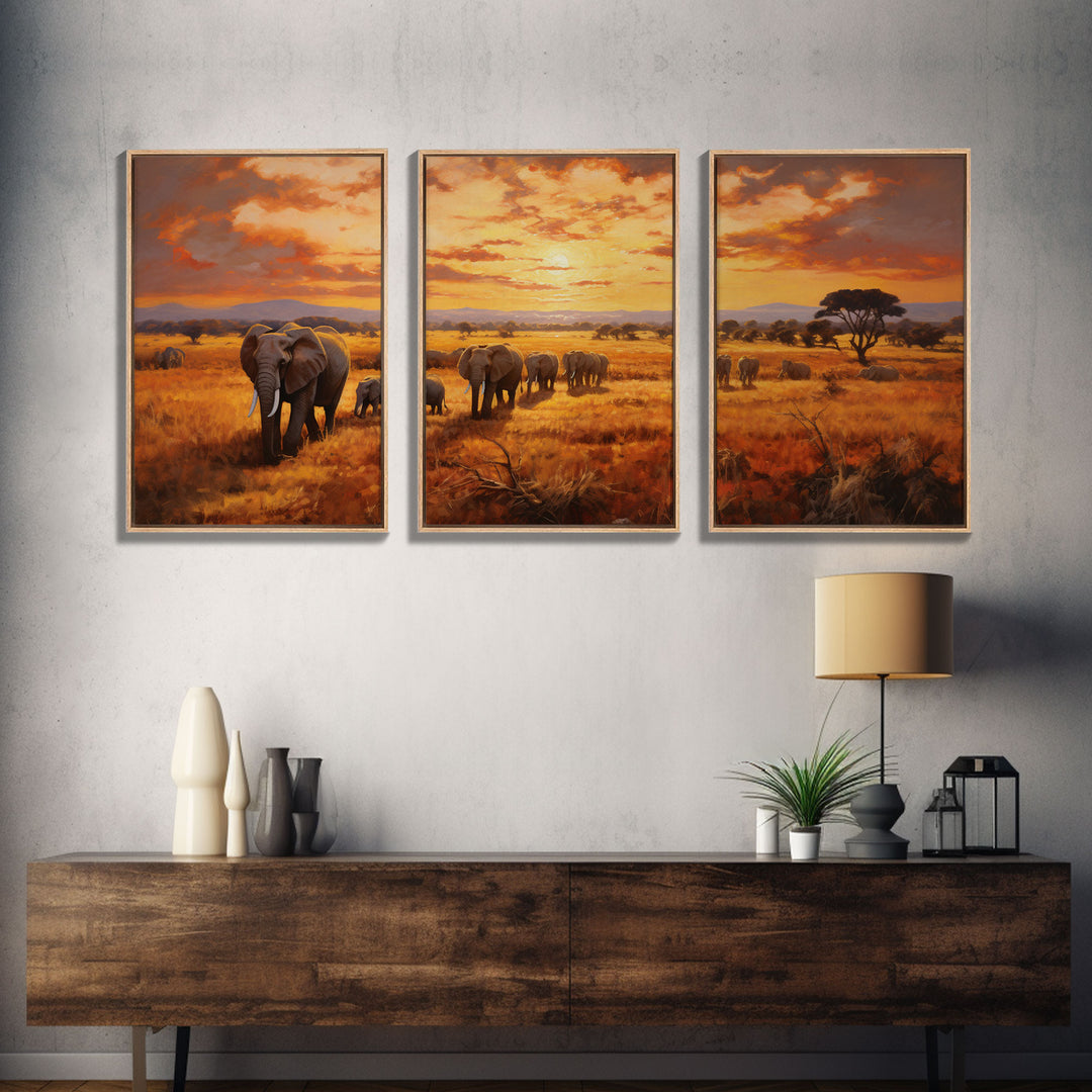 Elephant Print, Animal Wall Art, Sunset Print, Canvas Print, Wall Art, 3 Piece Wall Art, Nature Print, Retirement Gifts, Modern Office Art