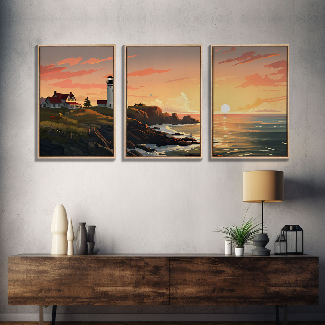 Light House Decor, Sunset Wall Art, Nautical Print, Ocean Art Print, Canvas Print, Wall Art, 3 Piece Wall Art, Seascape Art Print, RV Decor