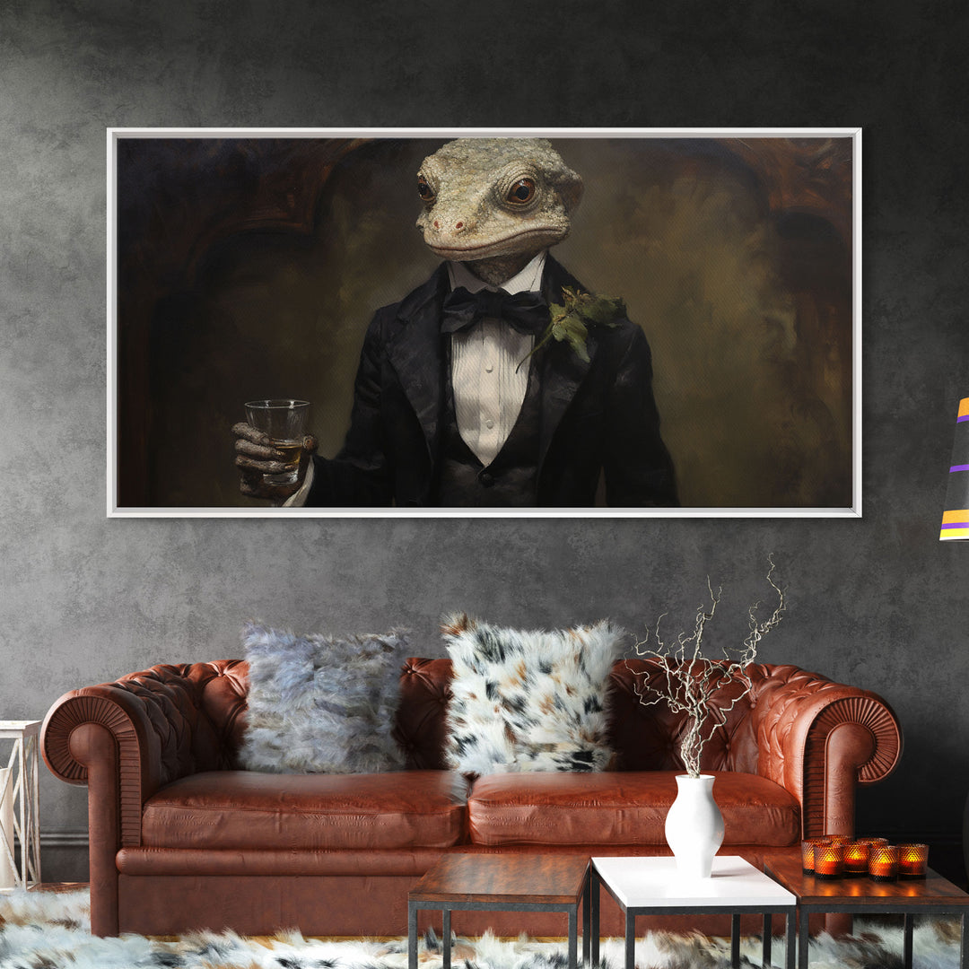 Victorian Gecko Business Man, Witch's Familiar Art, Halloween Decor, Framed Canvas Print, Halloween Wall Art, Victorian Gothic Art