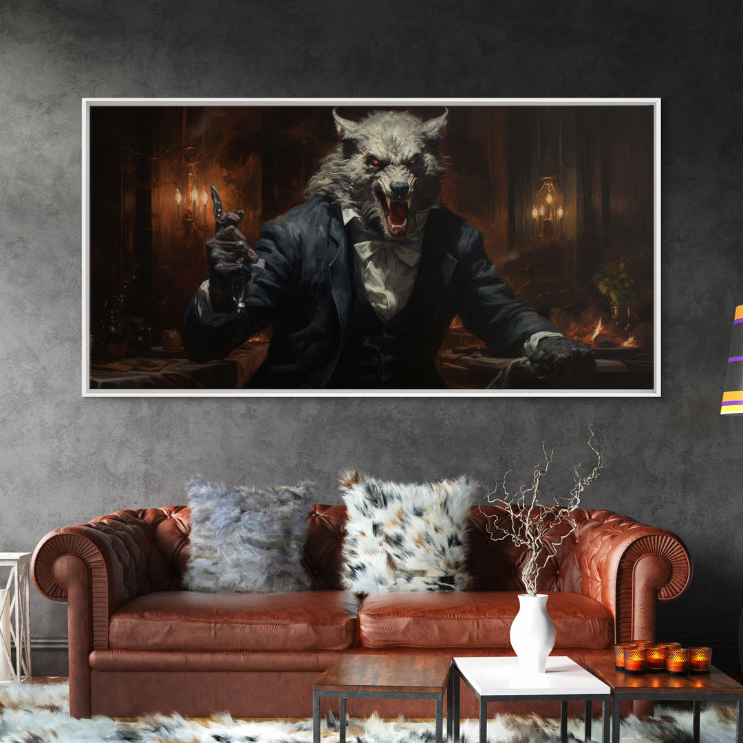 The Victorian Gentleman Werewolf, Halloween Art Print, Framed Canvas Art, Halloween Poster Print, Victorian Dark Academia Oil Painting