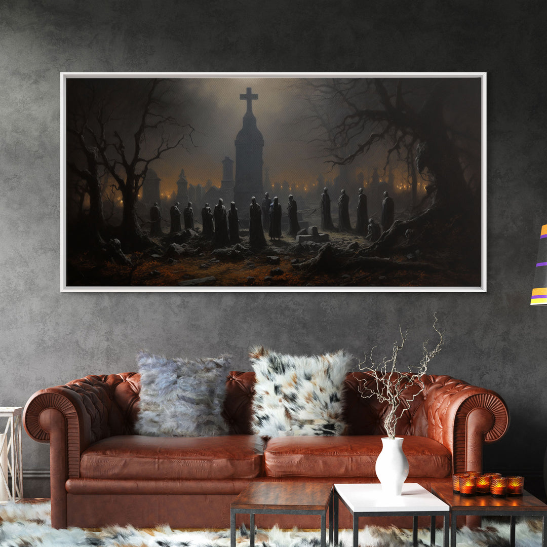 The Haunted Cemetery, Moody and Gloomy Art, Framed Canvas or Poster, Victorian Oil Painting, Dark Academia, Graveyard At Midnight