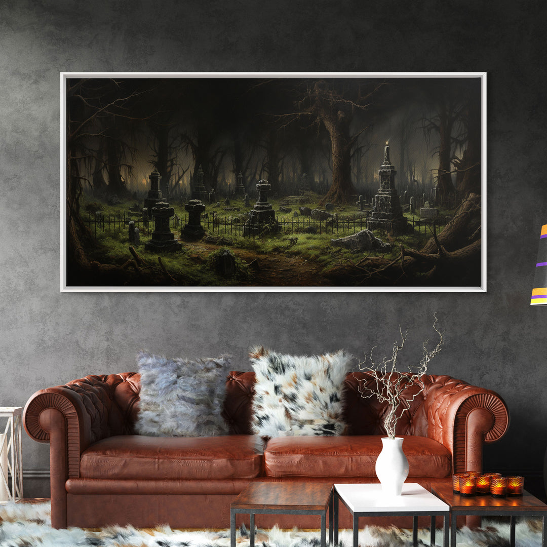 The Haunted Cemetery, Moody and Gloomy Art, Framed Canvas or Poster, Victorian Oil Painting, Dark Academia, Graveyard At Midnight