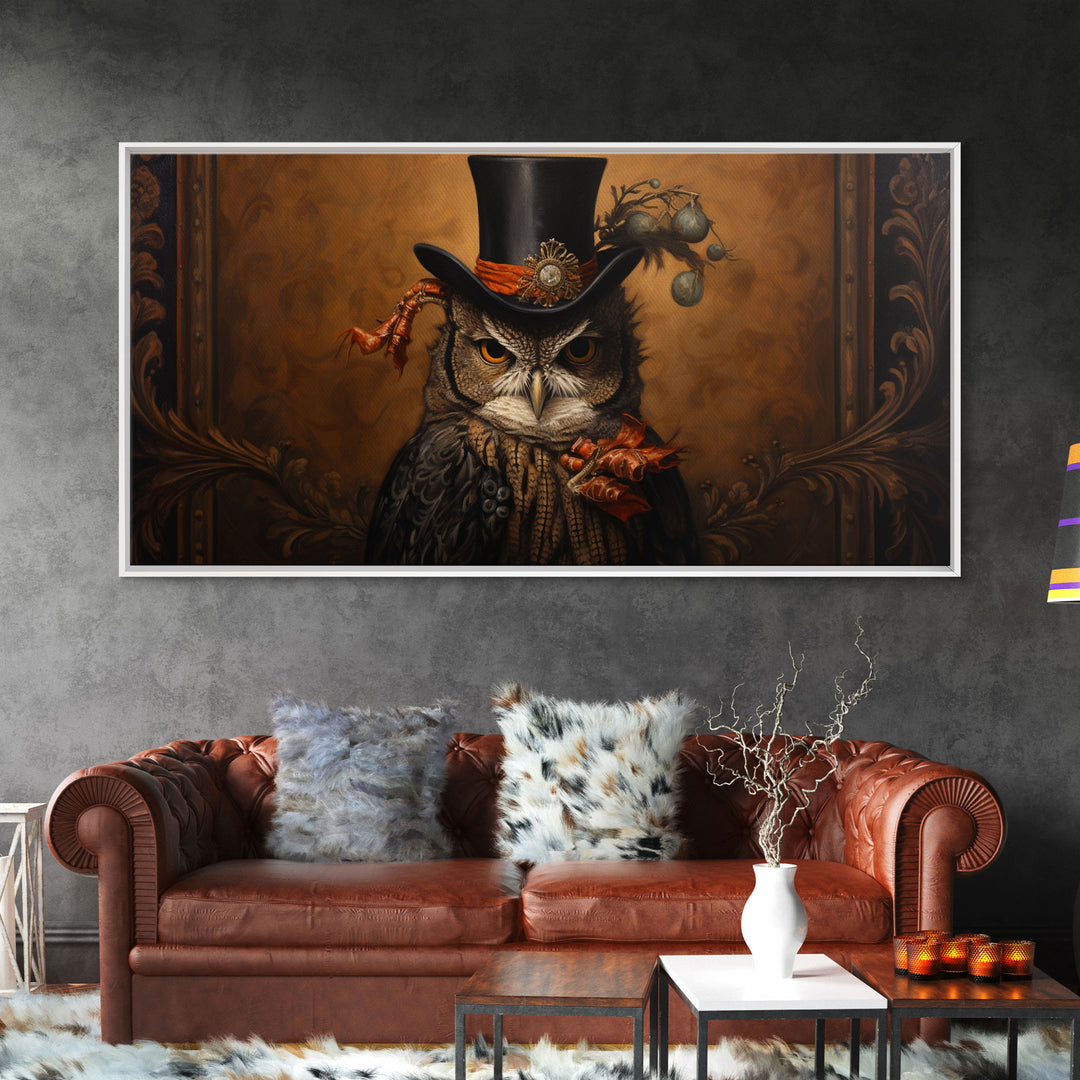 Gothic Victorian Owl Portrait, Framed Canvas Print, Halloween Wall Art, Unique Wall Decor, Owl Painting