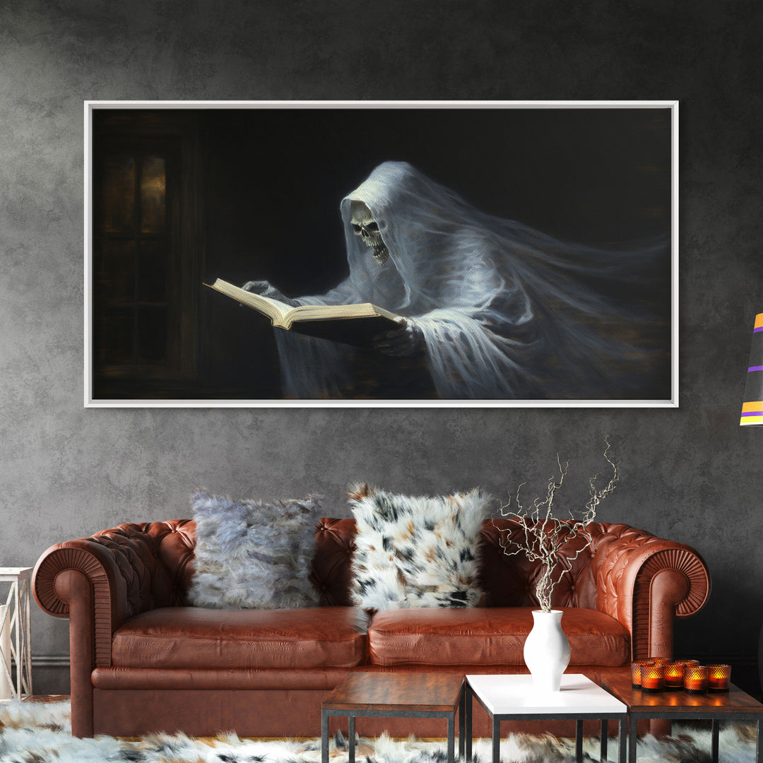 The Reading Ghost, Framed Canvas Print, Victorian Oil Painting Style, Spooky Halloween Decor, Goth Art