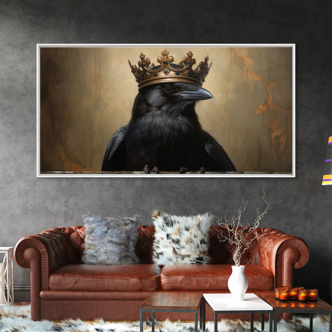 The Raven King, Framed Canvas Print, Cool Halloween Decor, Gothic Crow Art, Victorian Oil Painting, Halloween Art, Goth Decor