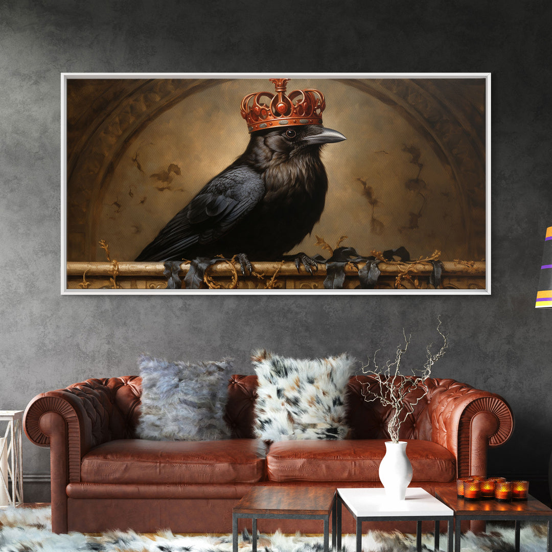 The Crow King, Framed Canvas Print, Cool Halloween Decor, Gothic Raven Art, Victorian Oil Painting, Halloween Art, Goth Decor