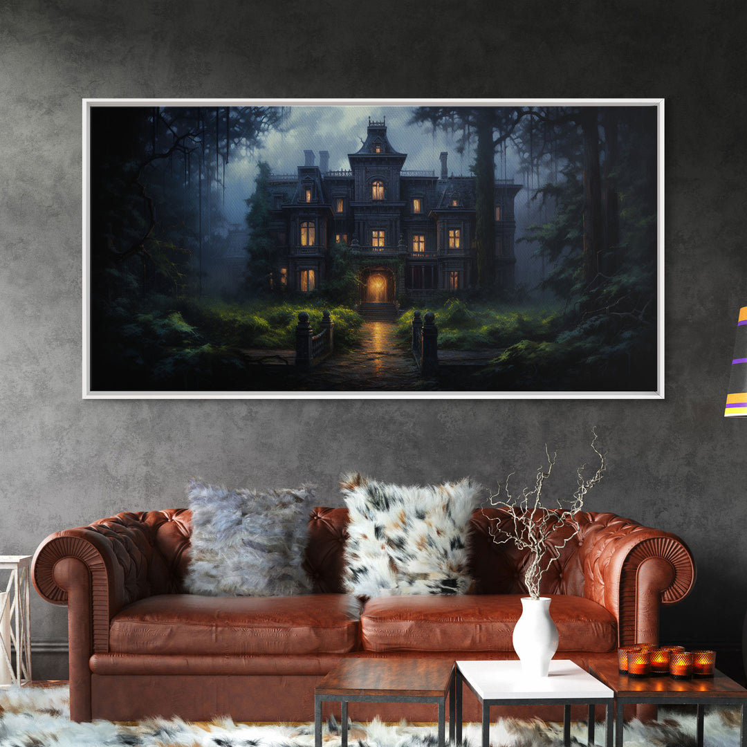 The Haunted House, Spooky Halloween Art, Haunted Victorian Mansion Framed Canvas Print, Horror Prints