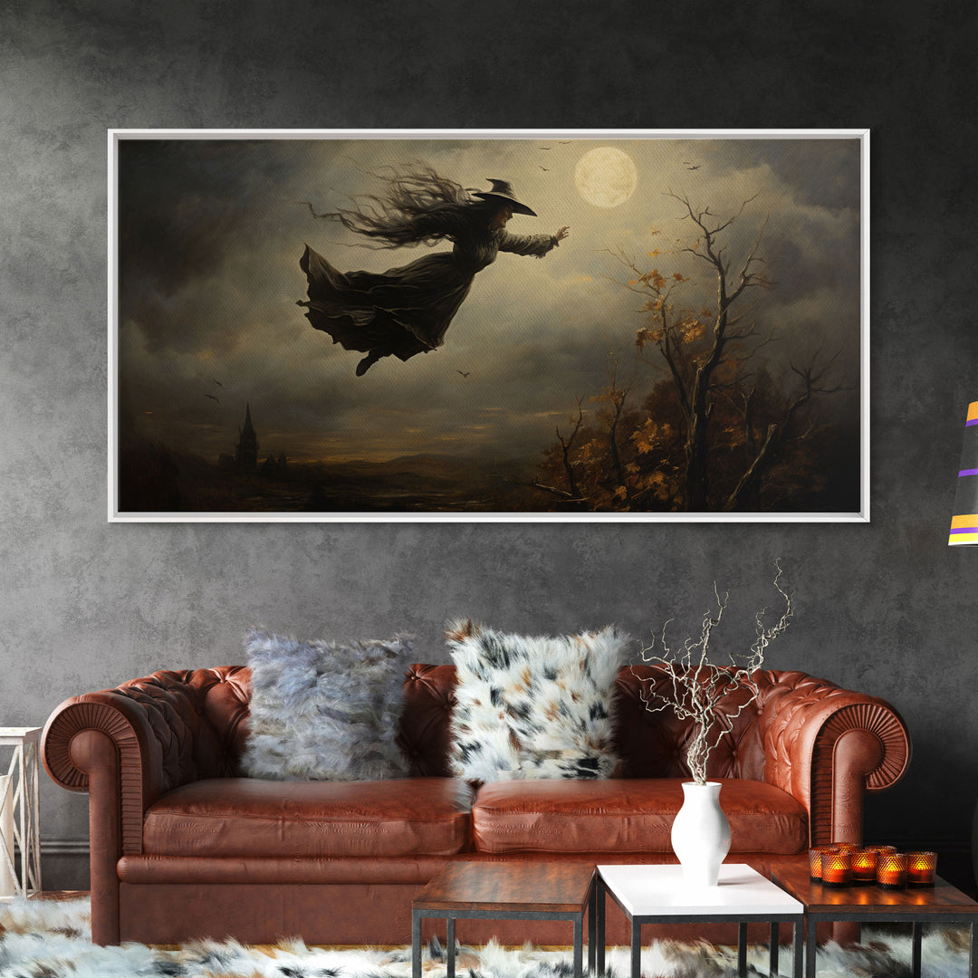 The Flying Witch, Framed Canvas Print, Halloween Wall Art, Horror Prints, Halloween Decoration