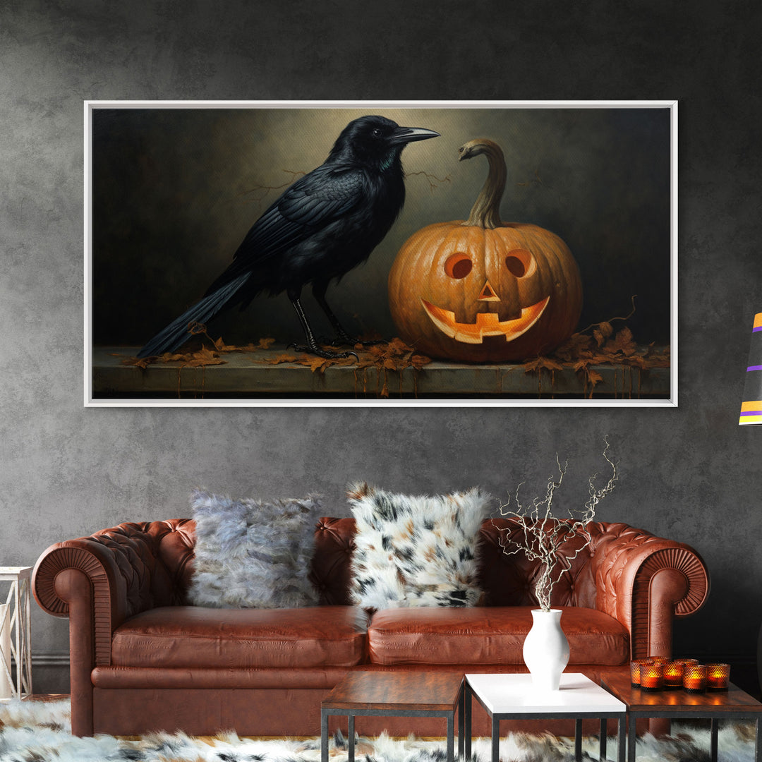 Halloween Decor, Spooky Crow Print, The Raven and The Jack O Lantern, Halloween Wall Art, Victorian Oil Painting, Dark Academia, Goth Art