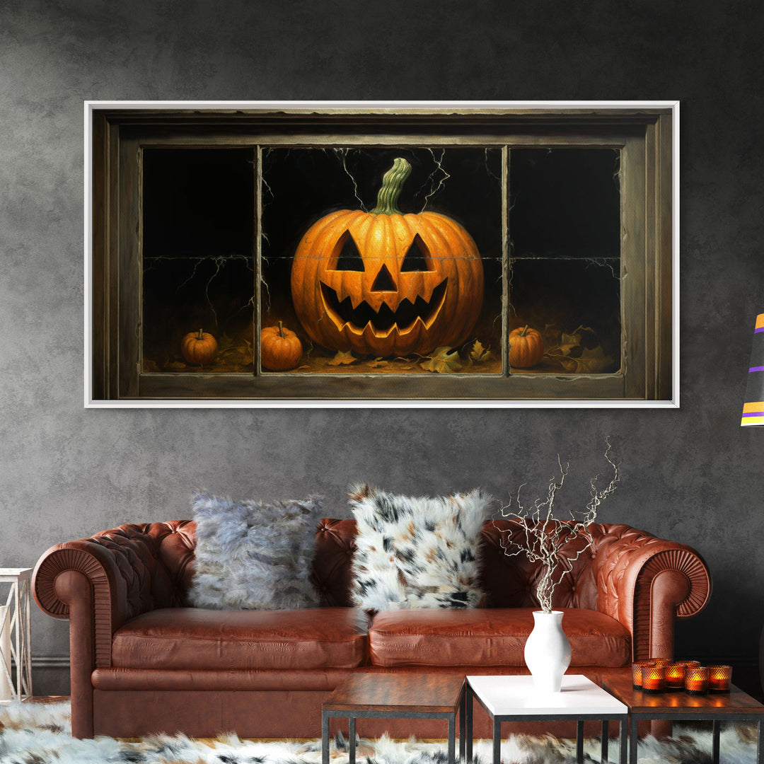 Jack O Lantern Art, Framed Canvas Print, Halloween Decor, Horror Prints, The Jack O Lantern In The Window