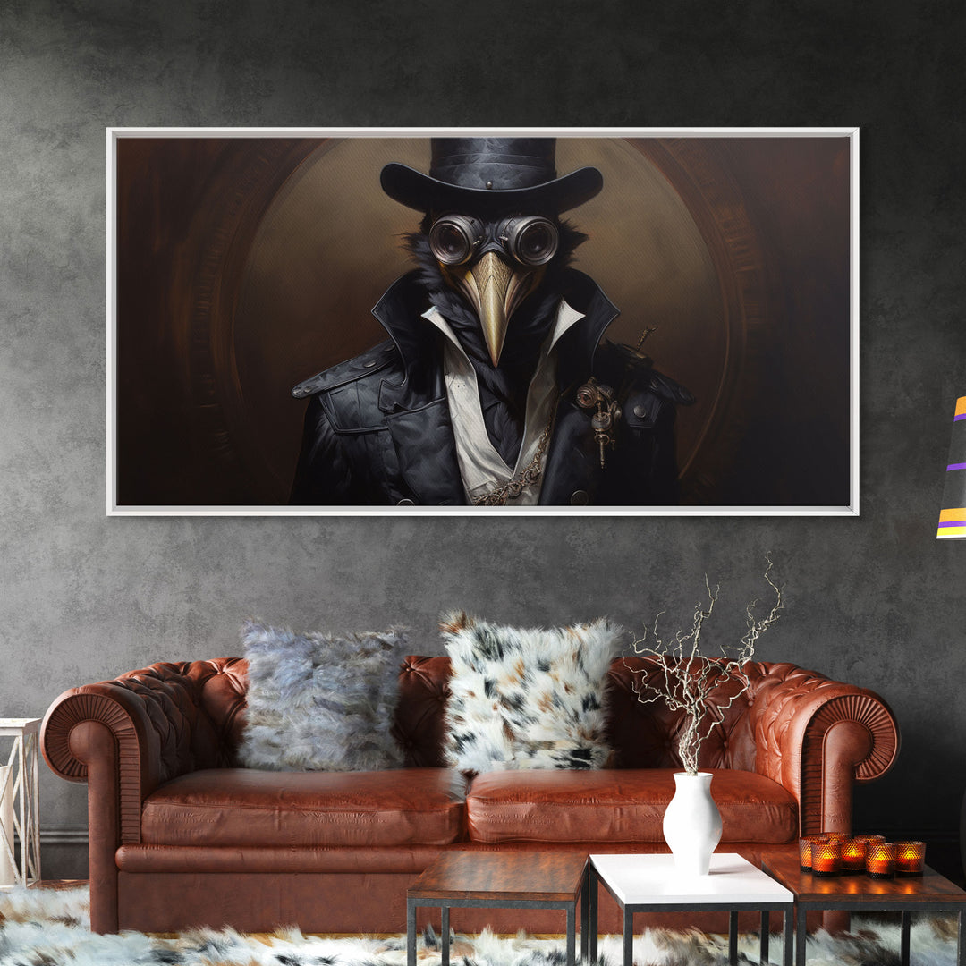 Steampunk Raven Plague Doctor, Dark Decor, Framed Canvas print, Halloween Art Prints, Spooky Victorian Oil Painting Print, Halloween Decor