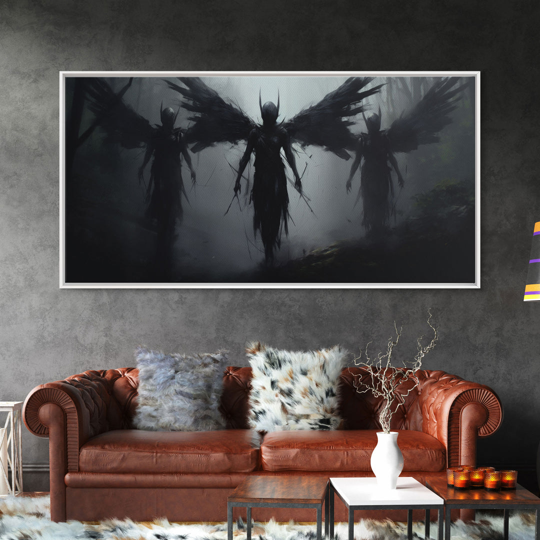 Fallen Angels Canvas Print, Framed Wall Art, Halloween Decor, Angelic Art, Halloween Art Prints, Charcoal Sketch, Unique Wall Decor