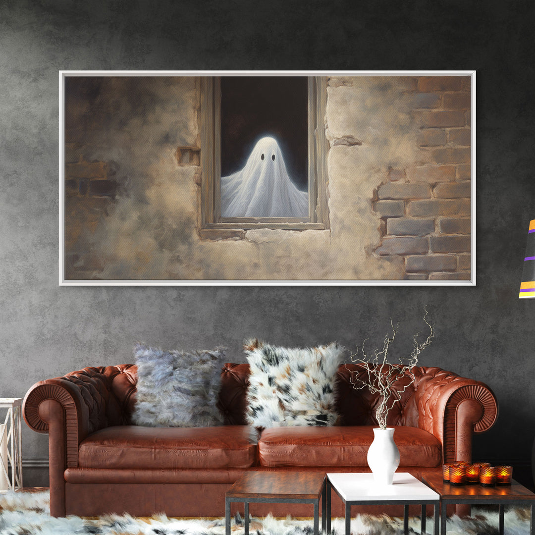 The Ghost In The Window, Funny Halloween Art, Ghost Print, Framed Canvas Art