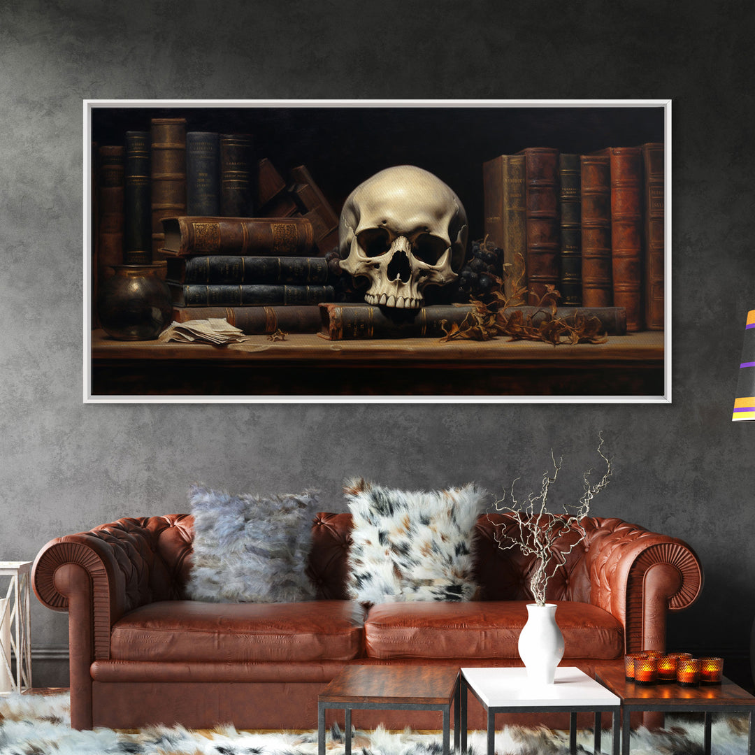 Victorian Gothic Library Art, The Skull On The Shelf, Framed Canvas Print, Halloween Decor, Halloween Art Print