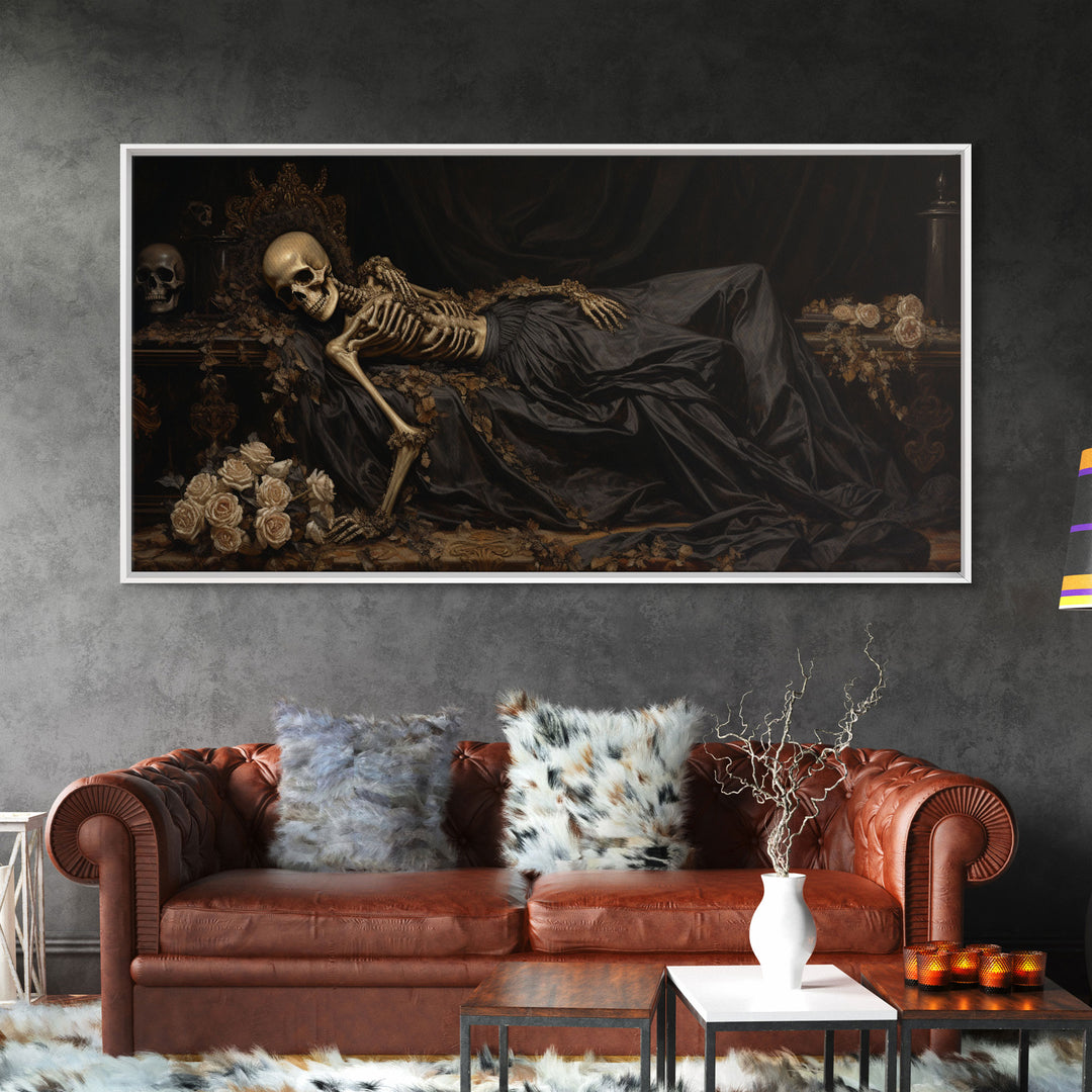 Eternal Slumber, Framed Canvas Print, Creepy Victorian Oil Painting, Halloween Art Prints, The Sleeping Skeleton Painting