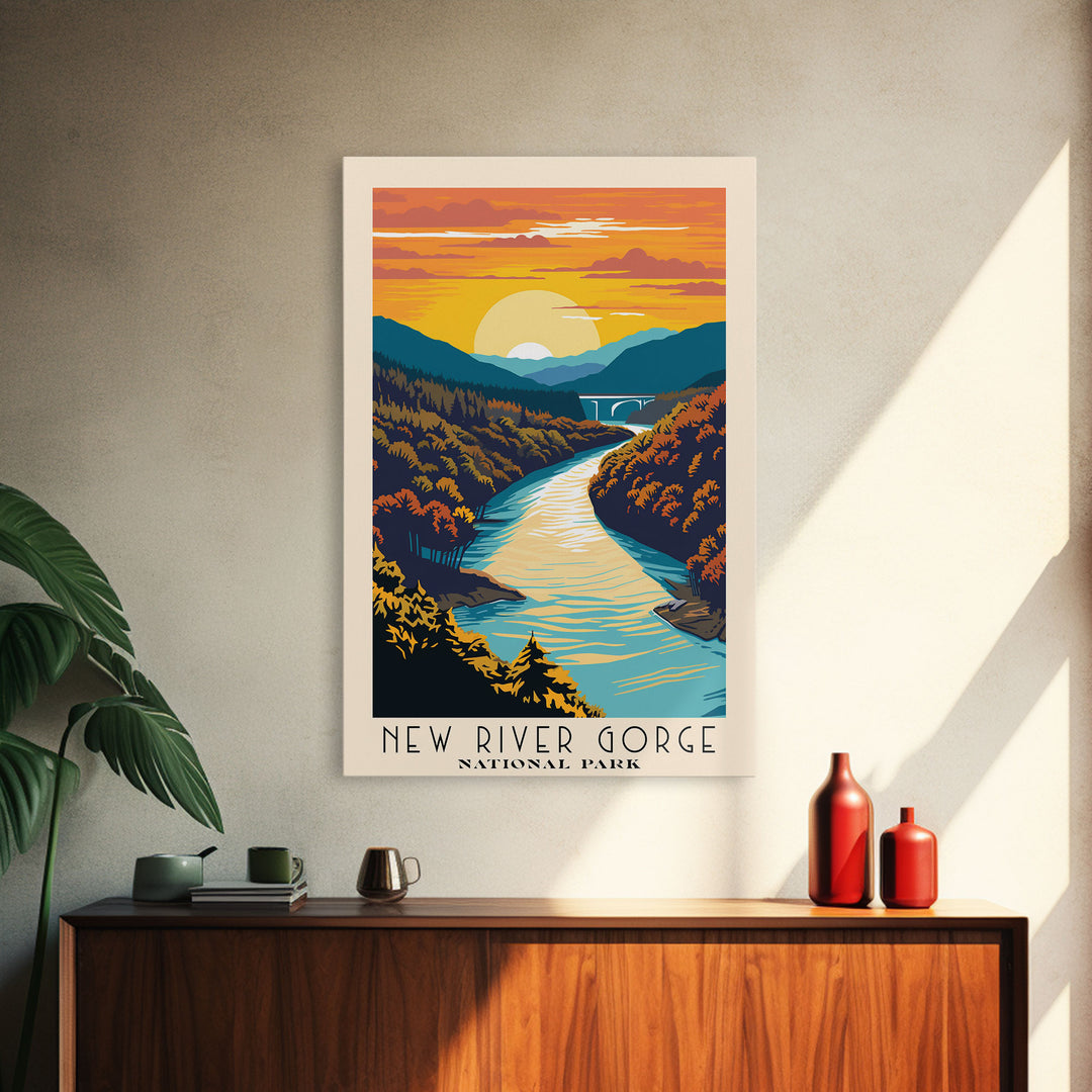 New River Gorge National Park Travel Art, National Park Print, Minimalist Travel Art, Midcentury Modern Style Landscape Painting