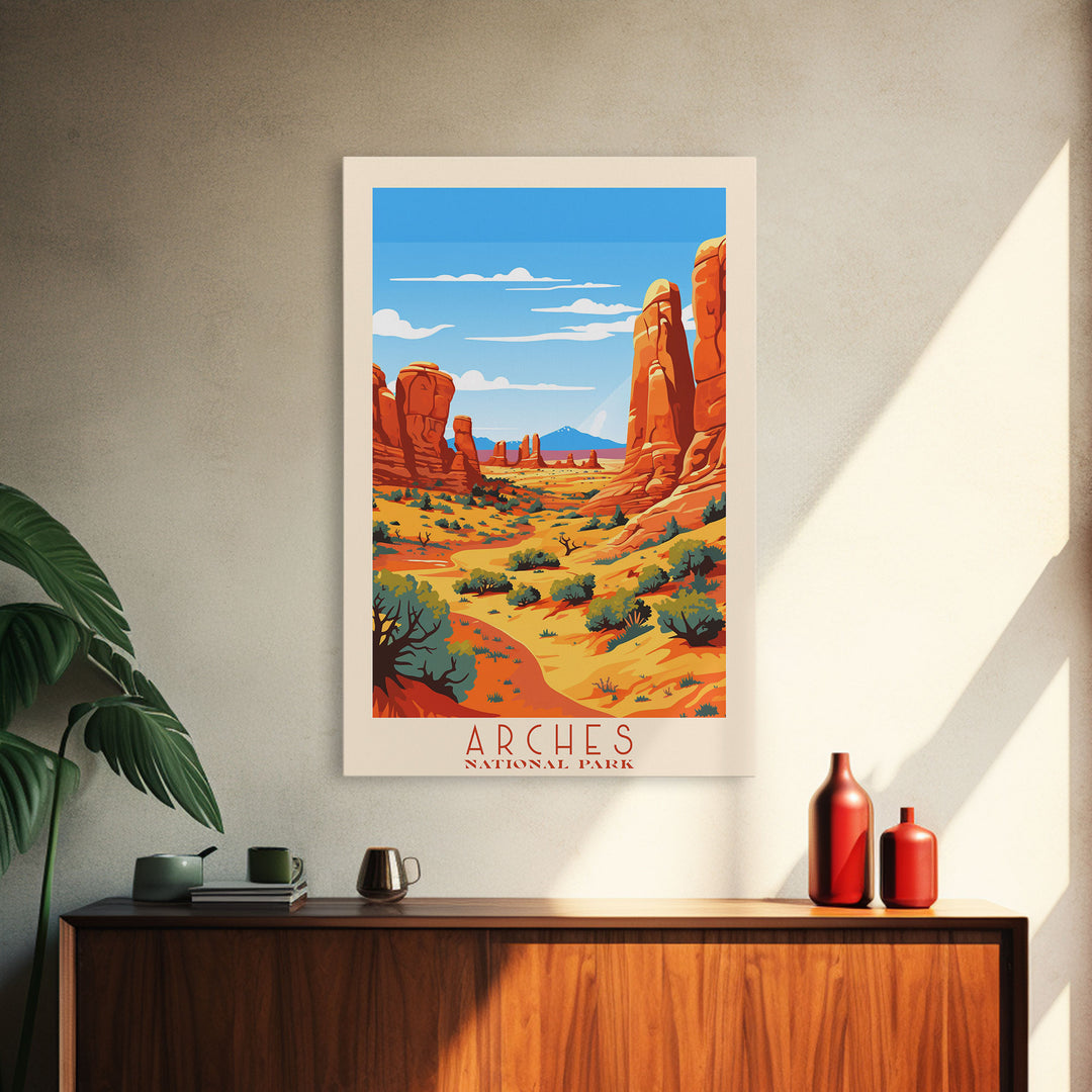 Arches National Park, Framed Wall Art Canvas Print, Travel Poster, Travel Art, Roadtrip Decor, Cool Wall Art, Retro State Park Art