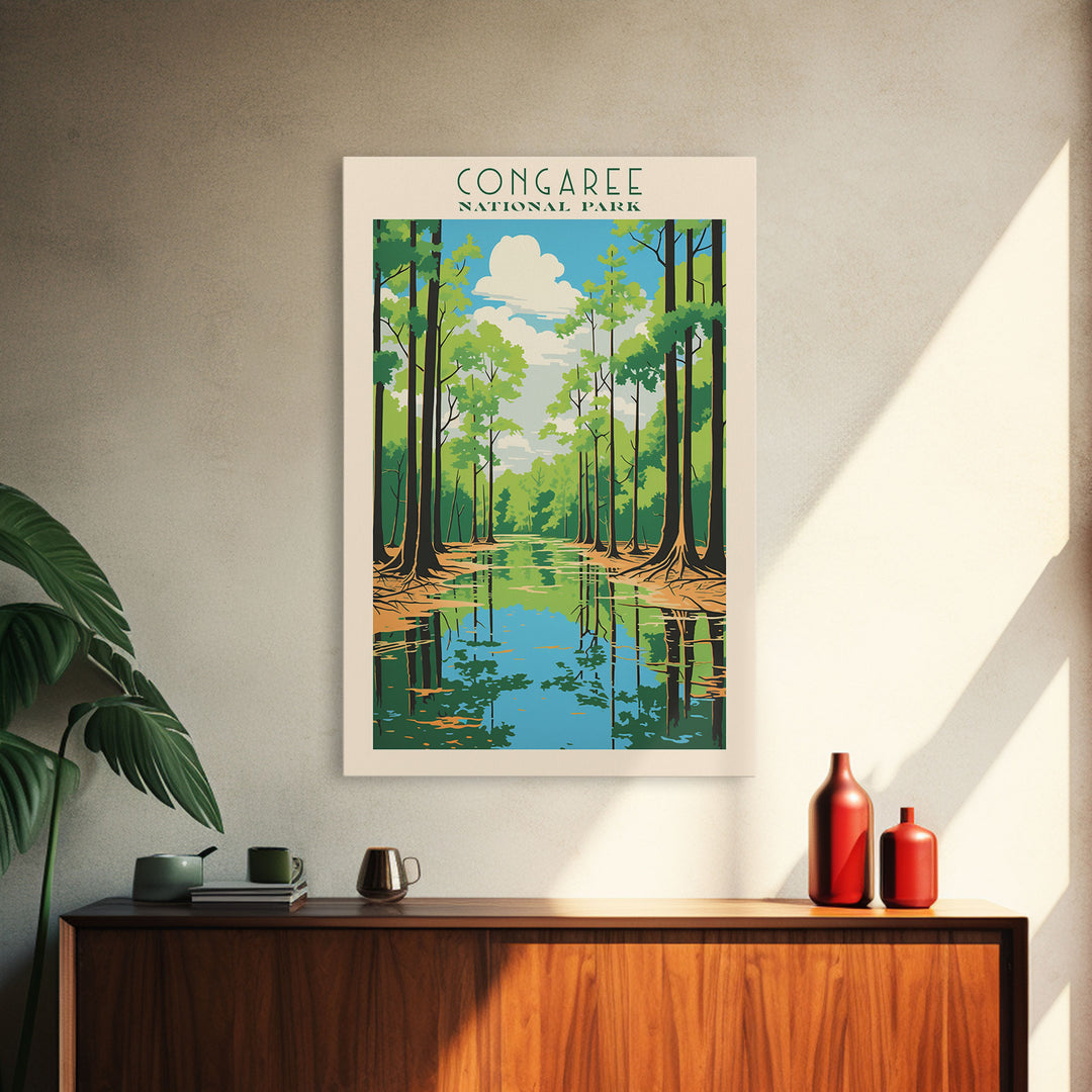 Congaree National Park South Carolina Travel Art, National Park Print, Minimalist Travel Art, Midcentury Modern Style Landscape Painting