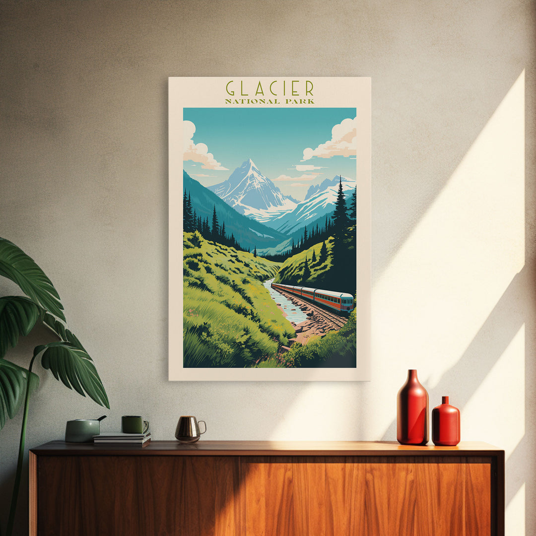 Glacier National Park Travel Poster Art, Canvas Print Wall Art, Montana Travel Art, Midcentury Modern Travel Decor, MCM Wall Art