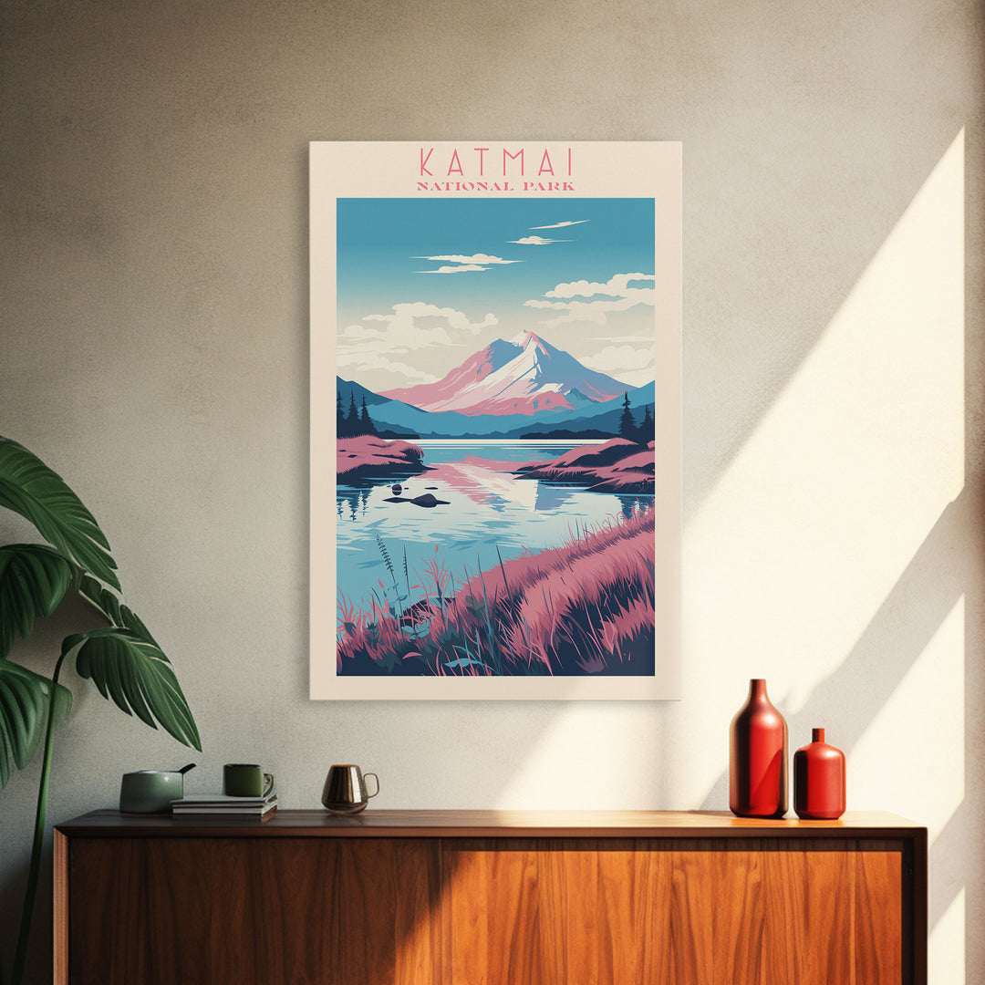 Katmai National Park Alaska Travel Art, National Park Print, Minimalist Travel Art, Midcentury Modern Style Landscape Painting