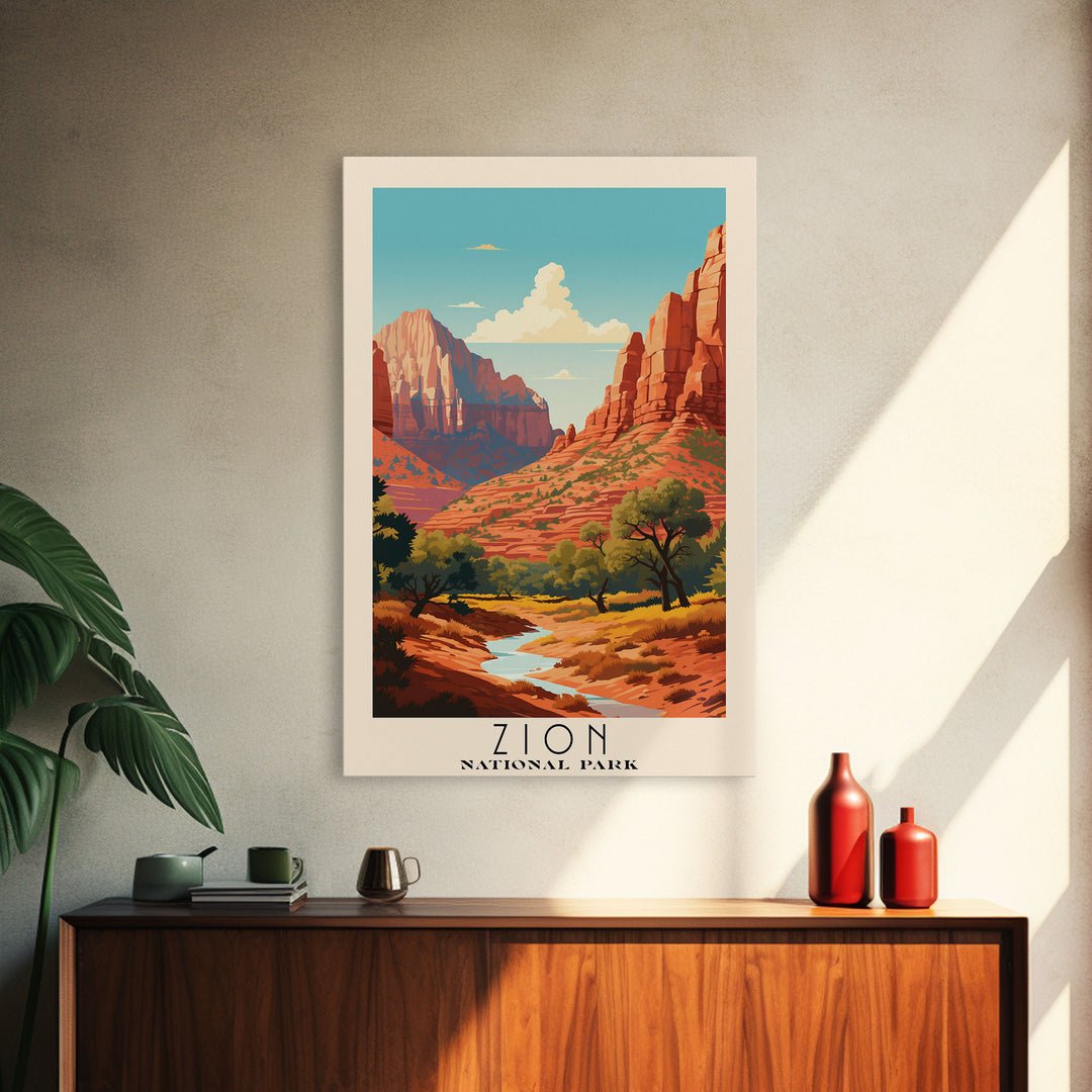 Zion National Park Utah Travel Art, National Park Print, Minimalist Travel Art, Midcentury Modern Style Landscape Painting