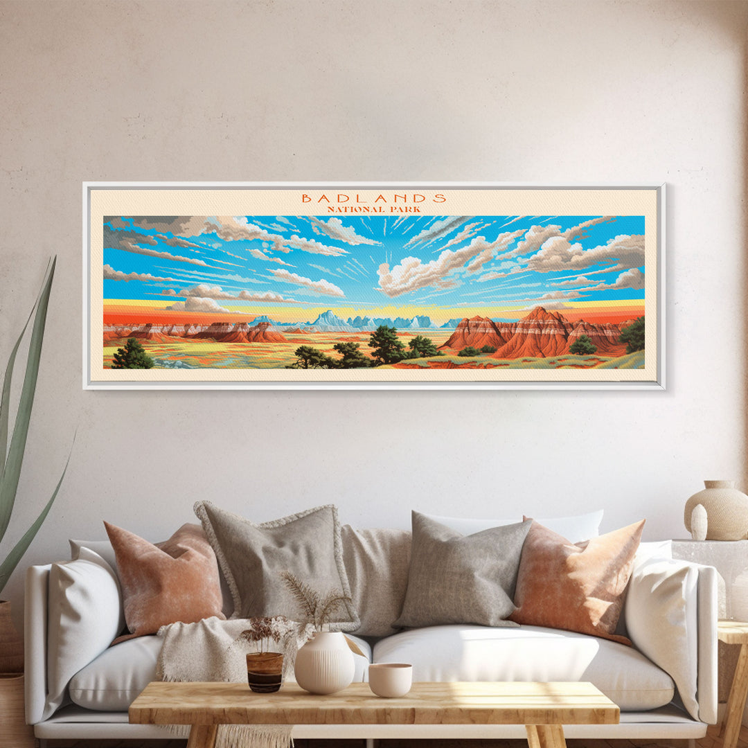 Badlands National Park, Panoramic South Dakota Travel Art, National Park Print, Minimalist Travel Art, Midcentury Modern Style Landscape