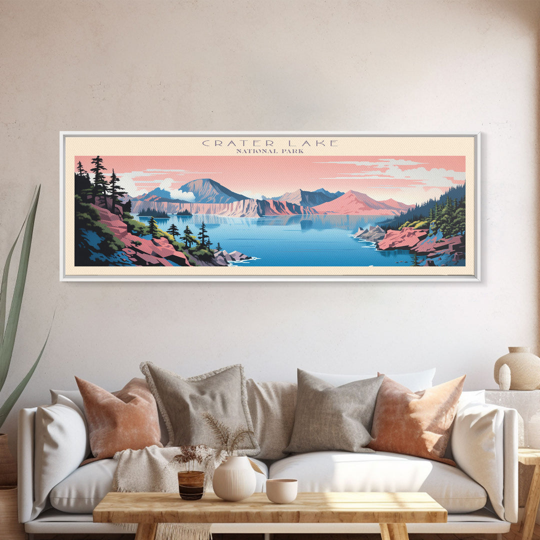 Crater Lake National Park, Panoramic Oregon Travel Art, National Park Print, Minimalist Travel Art, Midcentury Modern Style Landscape