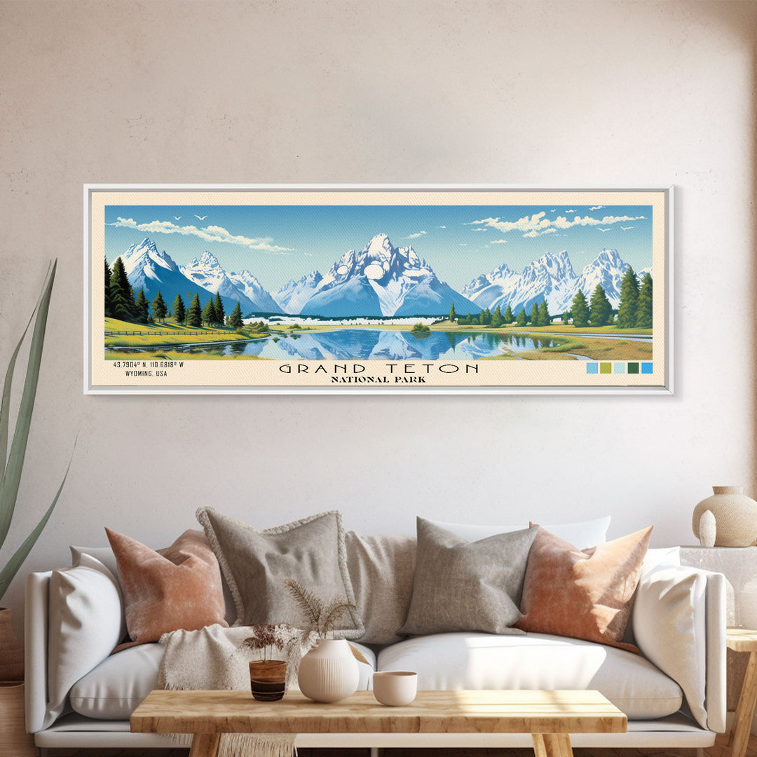 Grand Teton National Park Panoramic Wyoming Travel Art, National Park Print, Minimalist Travel Art, Subdued Watercolor Painting Panoramic