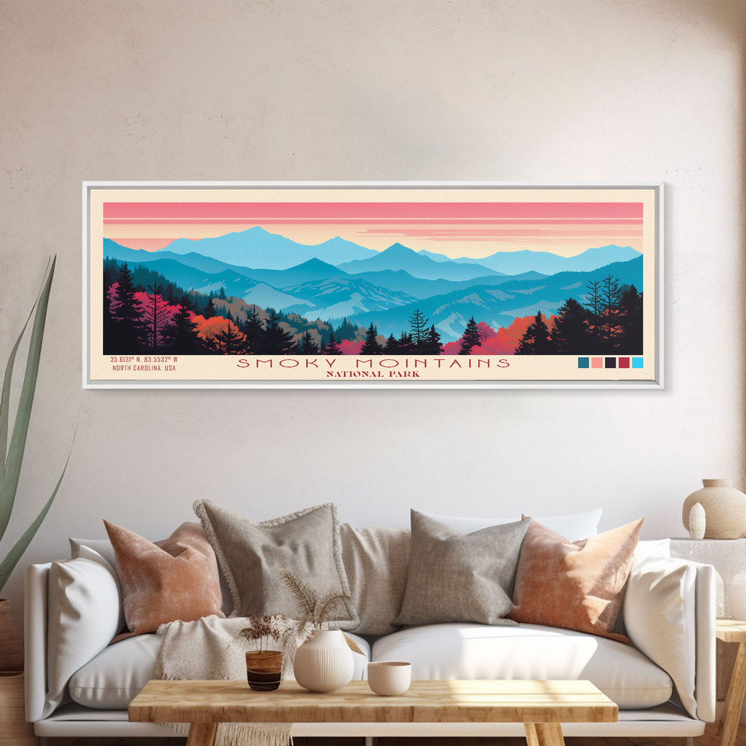 Smoky Mountains National Park, Panoramic North Carolina Travel Art, National Park Print, Minimalist Travel Art, Midcentury Modern Style