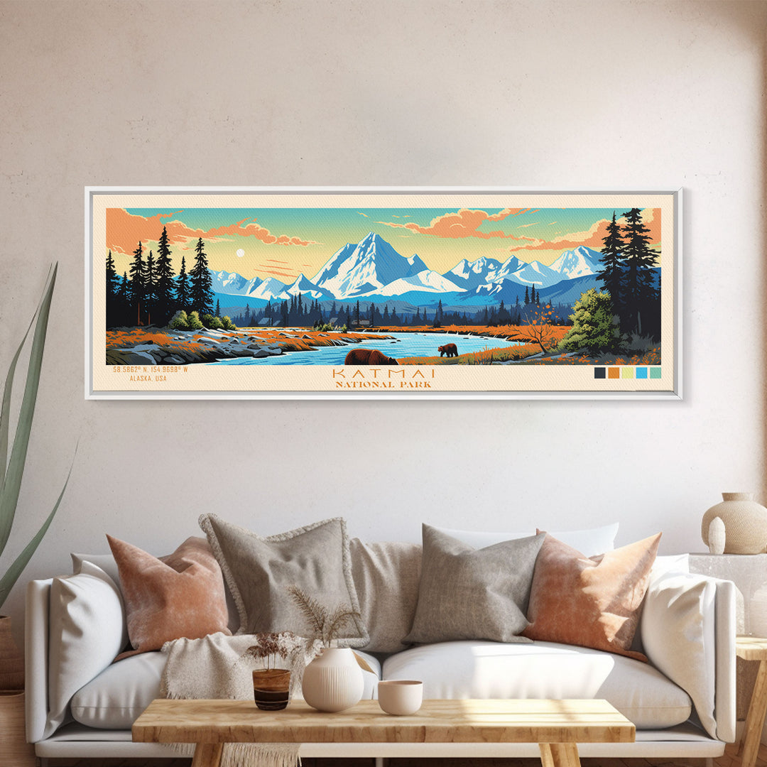 Katmai National Park, Panoramic Alaska Travel Art, National Park Print, Minimalist Travel Art, Midcentury Modern Style Landscape