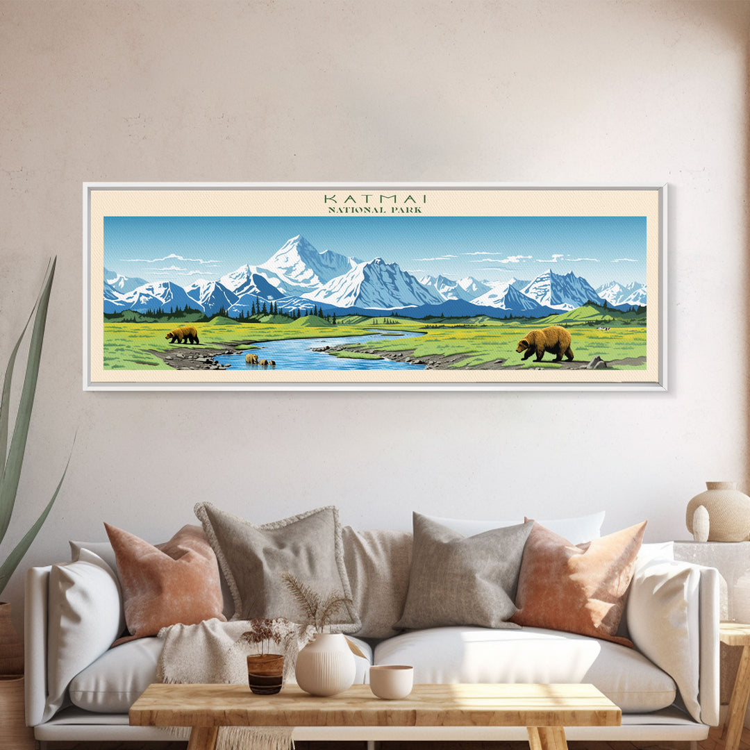 Katmai National Park, Panoramic Alaska Travel Art, National Park Print, Minimalist Travel Art, Midcentury Modern Style Landscape