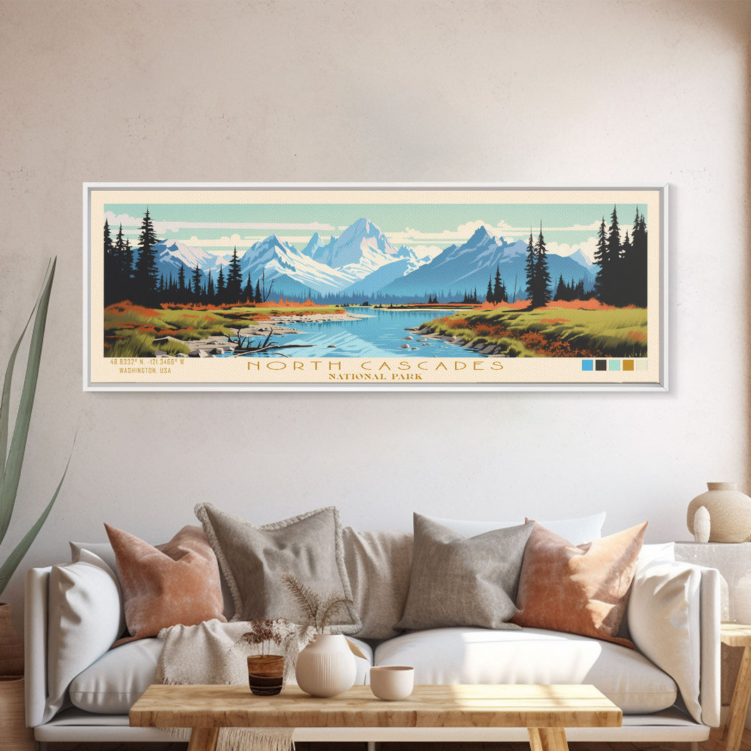 North Cascades National Park Panoramic Washington Travel Art, National Park Print, Minimalist Travel Art, Midcentury Modern Style Landscape