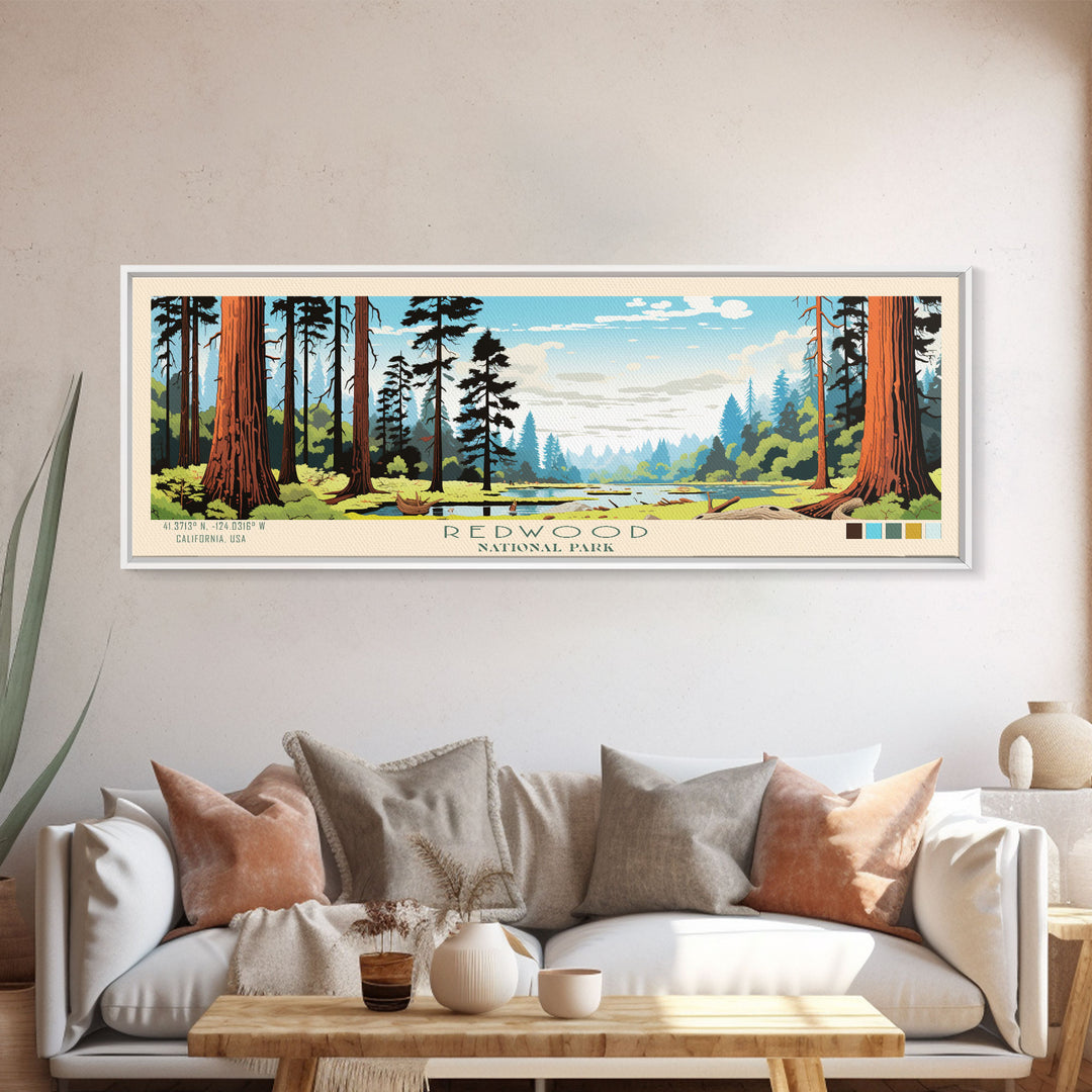 Redwood National Park Panoramic California Travel Art, National Park Print, Minimalist Travel Art, Midcentury Modern Style Landscape