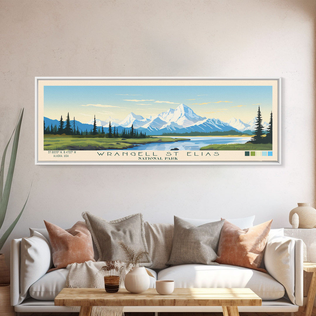 Wrangell St. Elias National Park Panoramic Alaska Travel Art, National Park Print, Minimalist Travel Art, Midcentury Modern Style Landscape