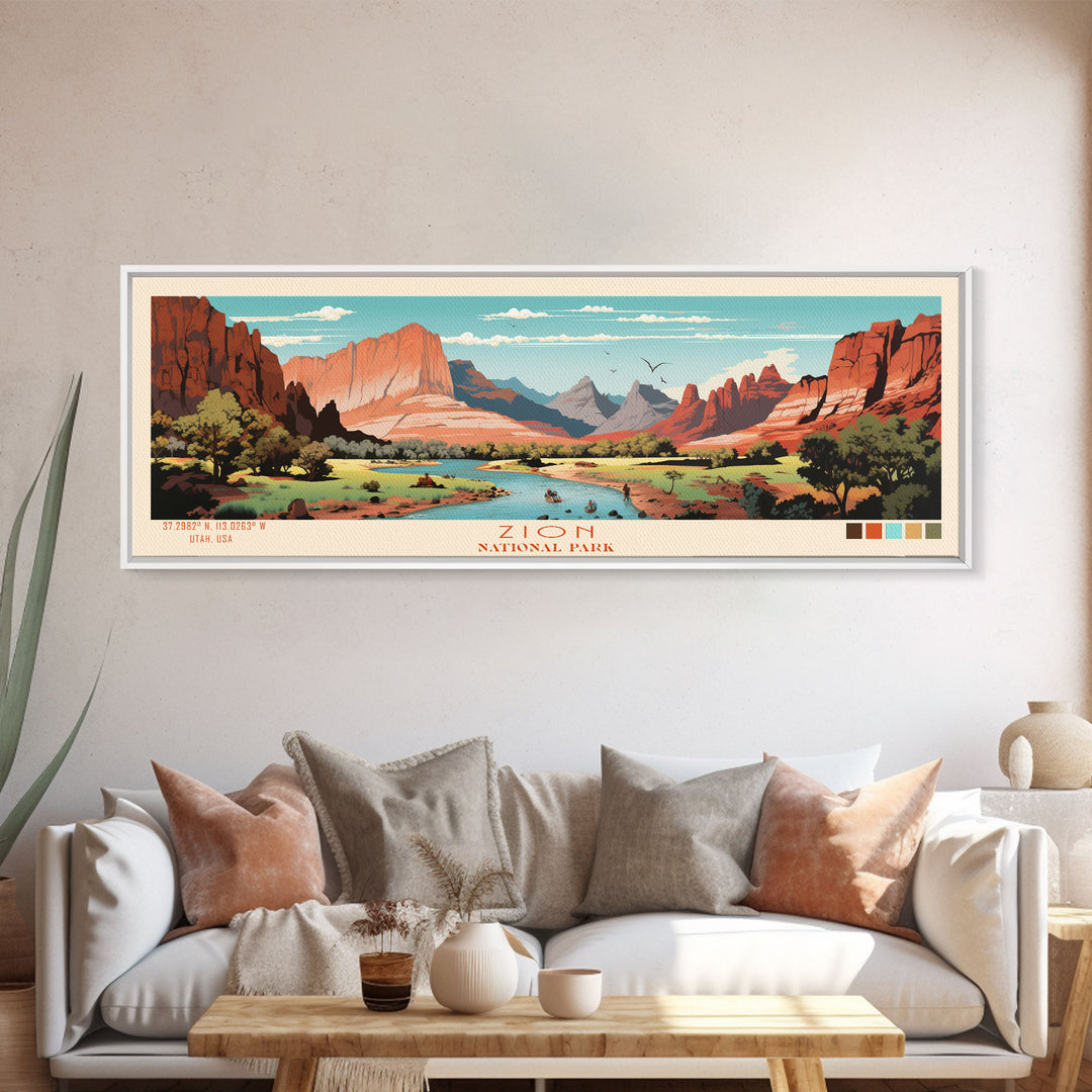 Zion National Park Panoramic Utah Travel Art, National Park Print, Minimalist Travel Art, Midcentury Modern Style Landscape