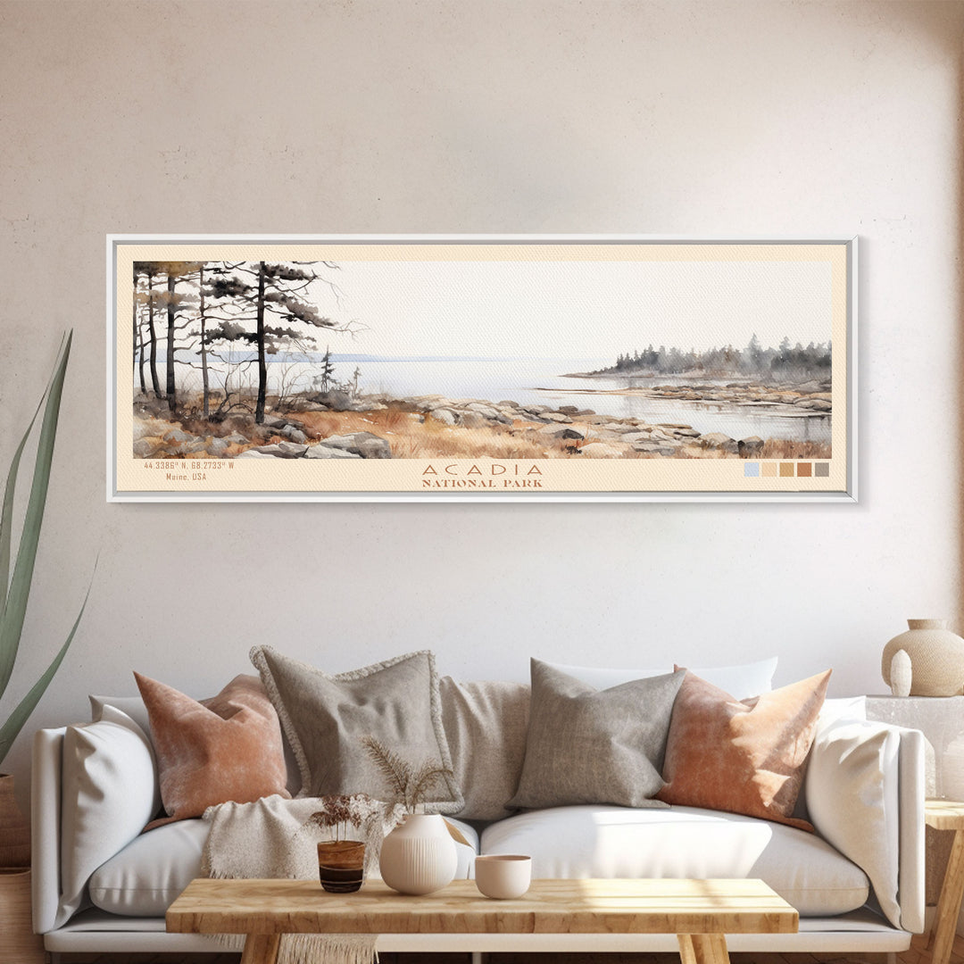 Acadia National Park Panoramic Maine Travel Art, National Park Print, Minimalist Travel Art, Subdued Watercolor Painting Panoramic