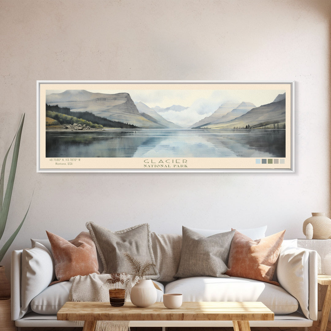 Glacier National Park Panoramic Montana Travel Art, National Park Print, Minimalist Travel Art, Subdued Watercolor Painting Panoramic