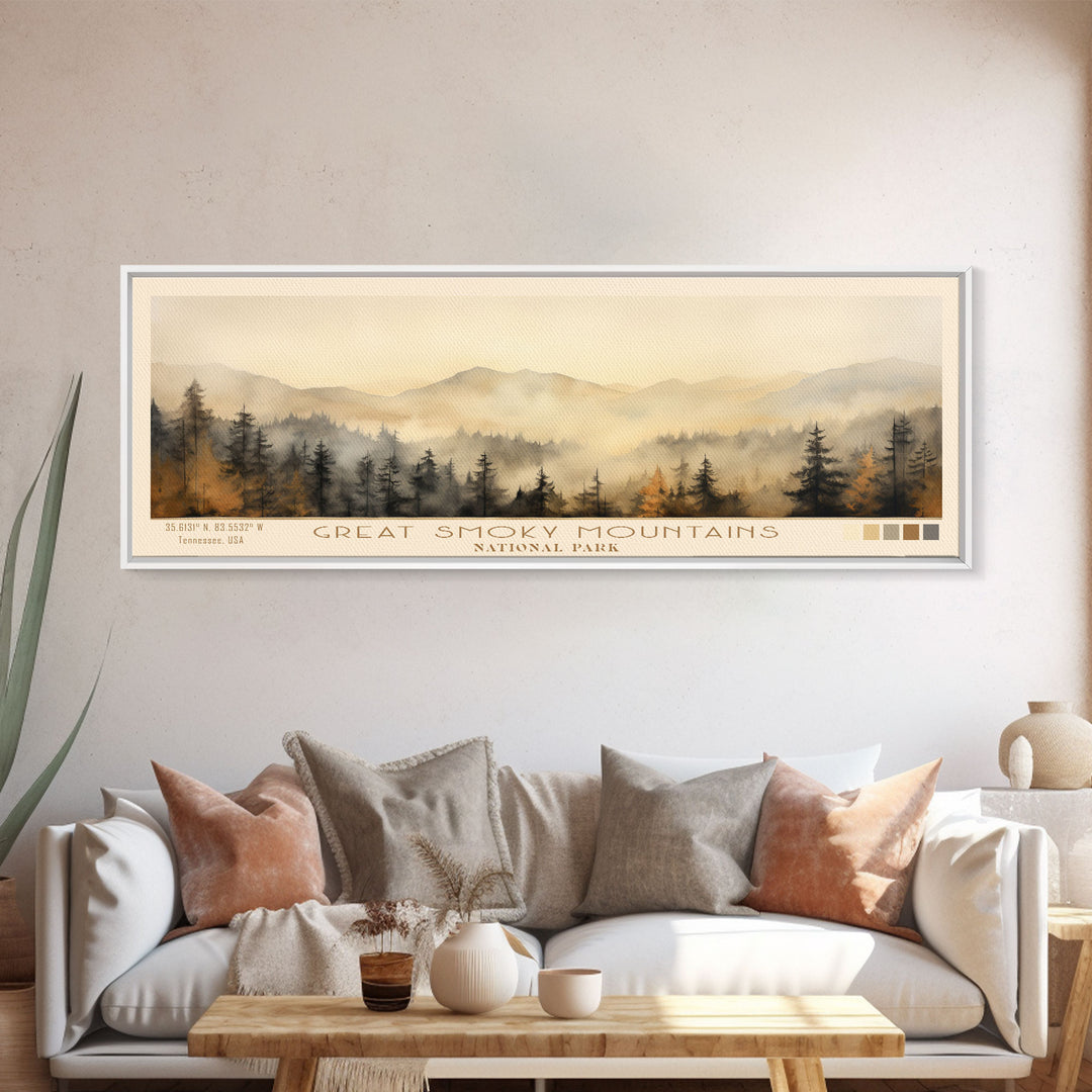 Great Smoky Mountains National Park Panoramic Travel Art, National Park Print, Minimalist Travel Art, Subdued Watercolor Painting Panoramic