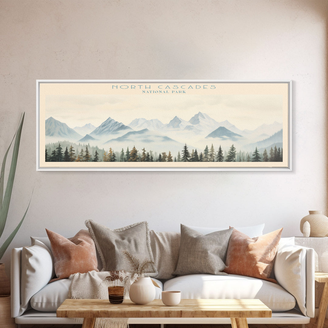 North Cascades National Park Panoramic Travel Art, National Park Print, Minimalist Travel Art, Subdued Watercolor Painting Panoramic