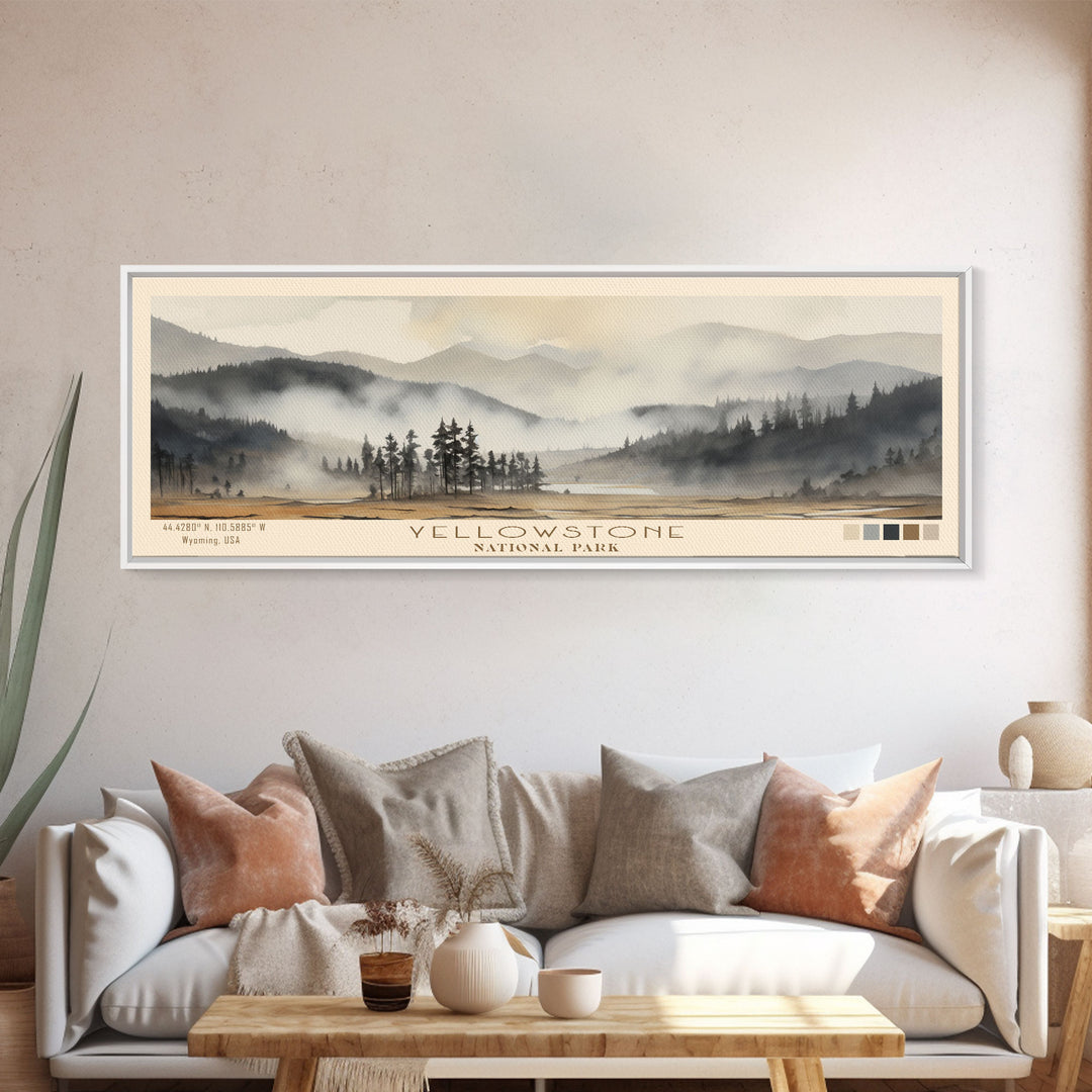 Yellowstone National Park Panoramic Wyoming Travel Art, National Park Print, Minimalist Travel Art, Subdued Watercolor Painting Panoramic