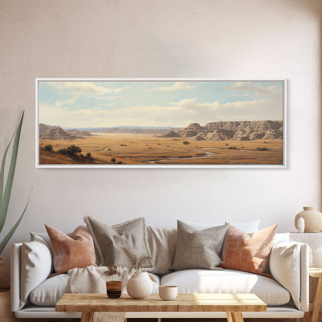 Panoramic Watercolor of Badlands National Park, North Dakota Wall Art, Landscape Painting Travel Art