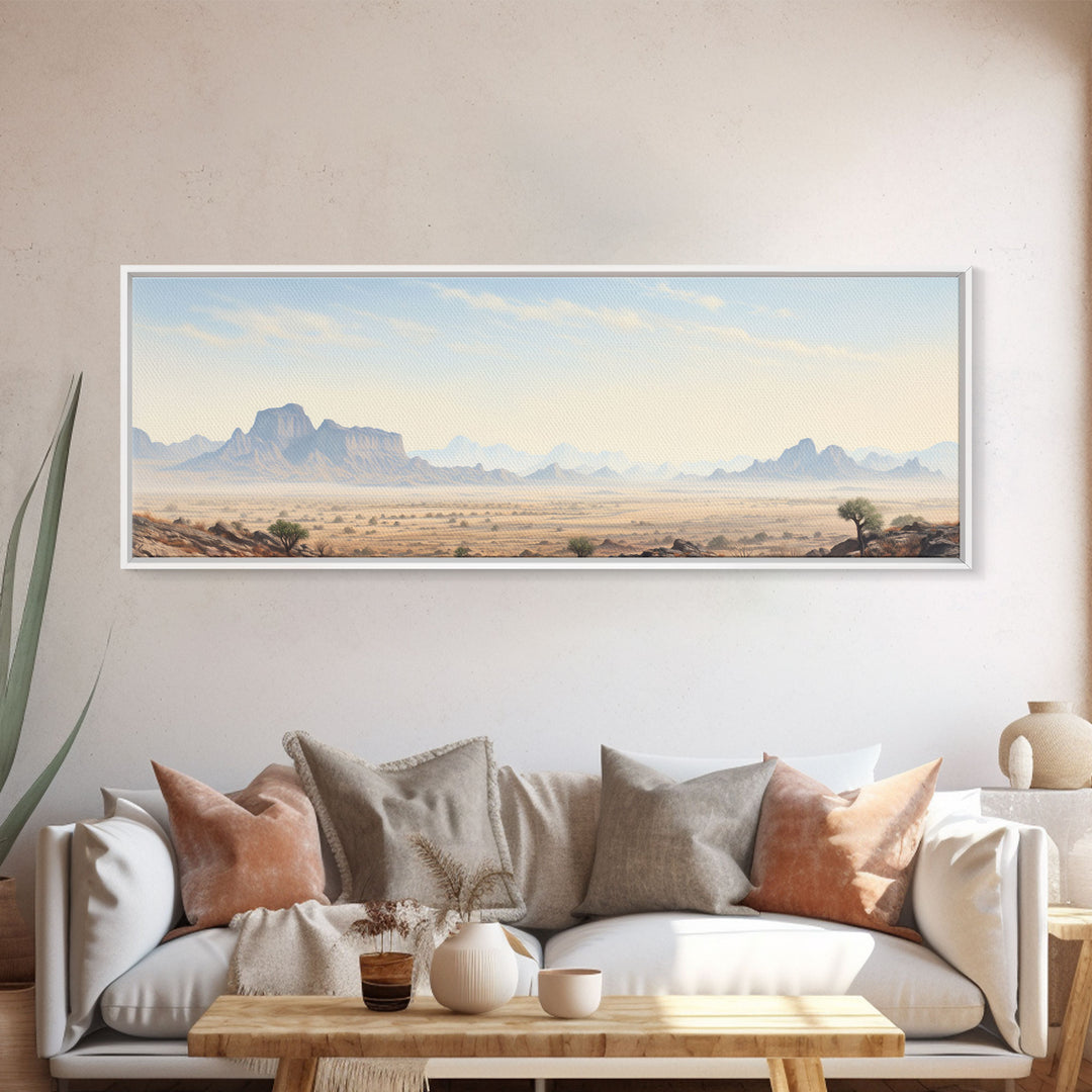 Ultrawide Panoramic Watercolor Painting of Big Bend National Park, Framed Canvas Print, Boho Southwestern Decor Wall Art