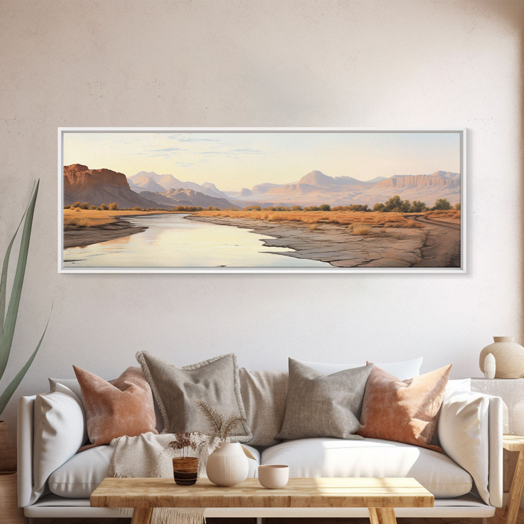 Ultrawide Panoramic Watercolor Landscape Painting Of a Utah Desert, Framed Canvas Print, Subdued Boho Minimalist Wall Art